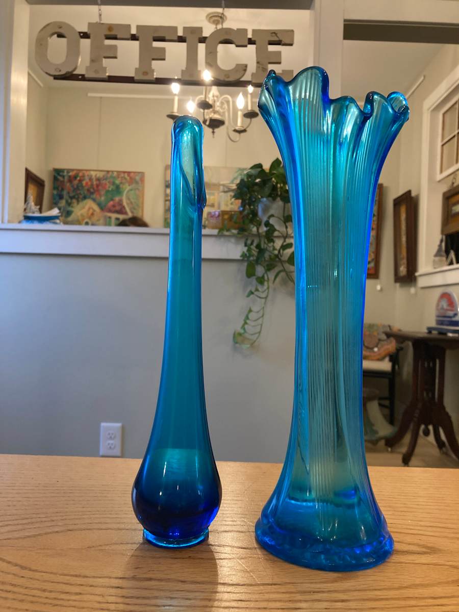 Mid century modern  blue glass finger vase 