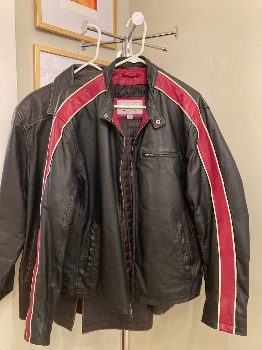 Large vintage leather jacket with red stripe 