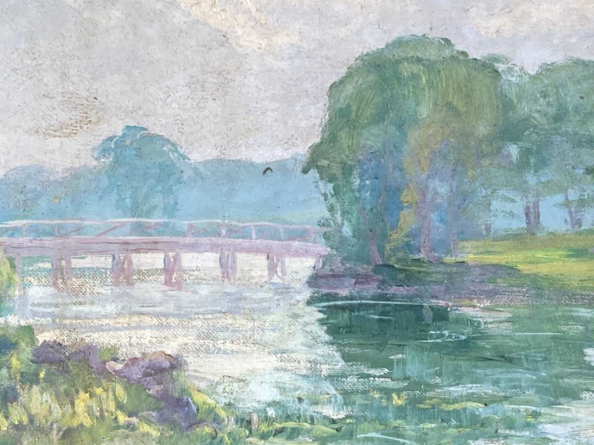 Carl G. T. Olson original painting on canvas landscape with bridge  #151 