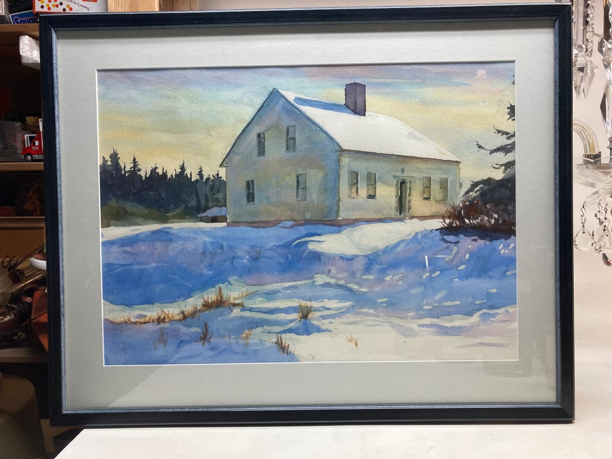 Framed watercolor of yellow home 