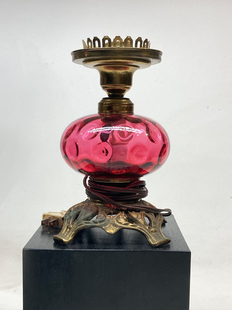 Cranberry glass kerosene lamp, Image 3.