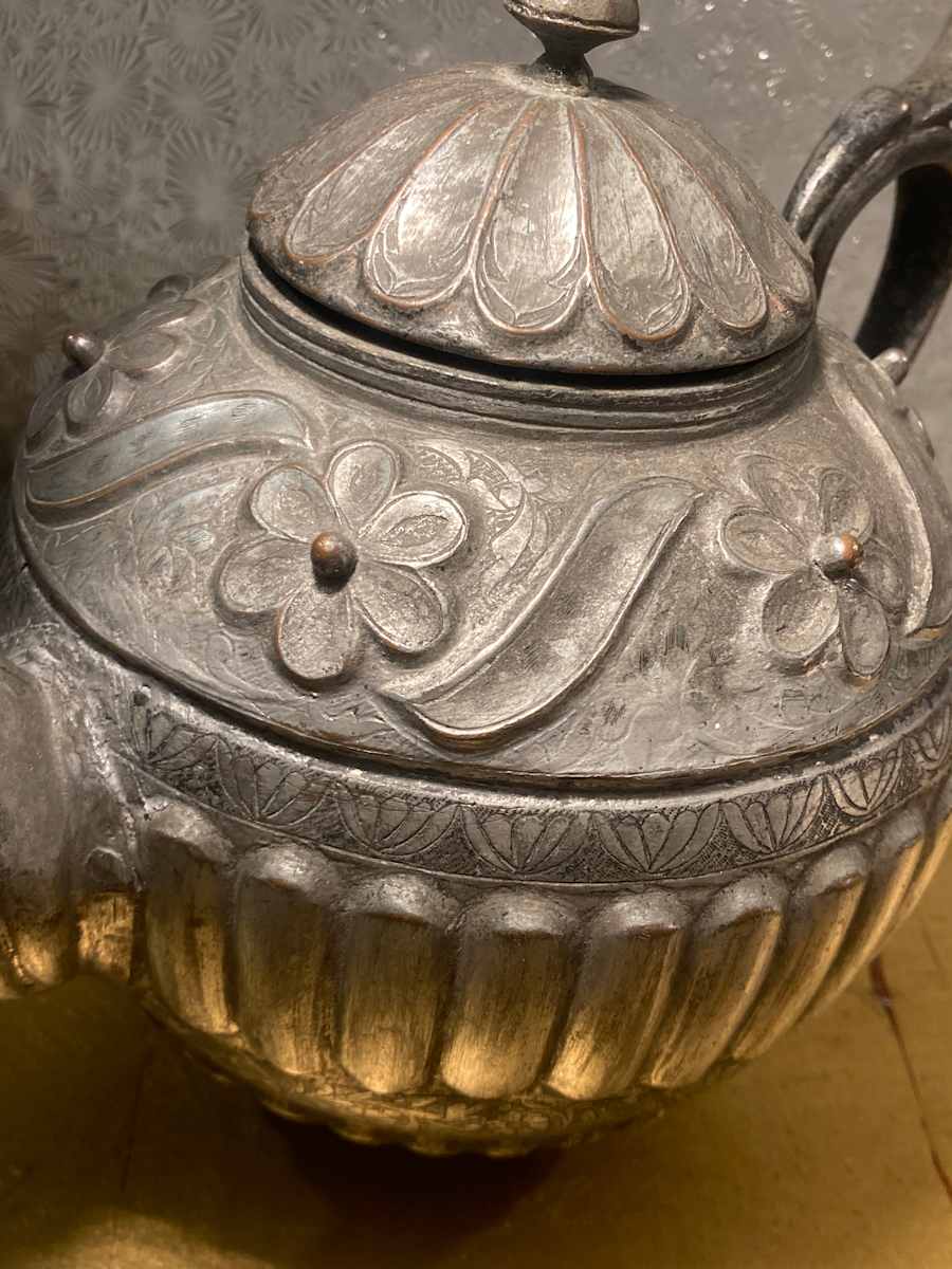 Ornate tin lined copper teapot 