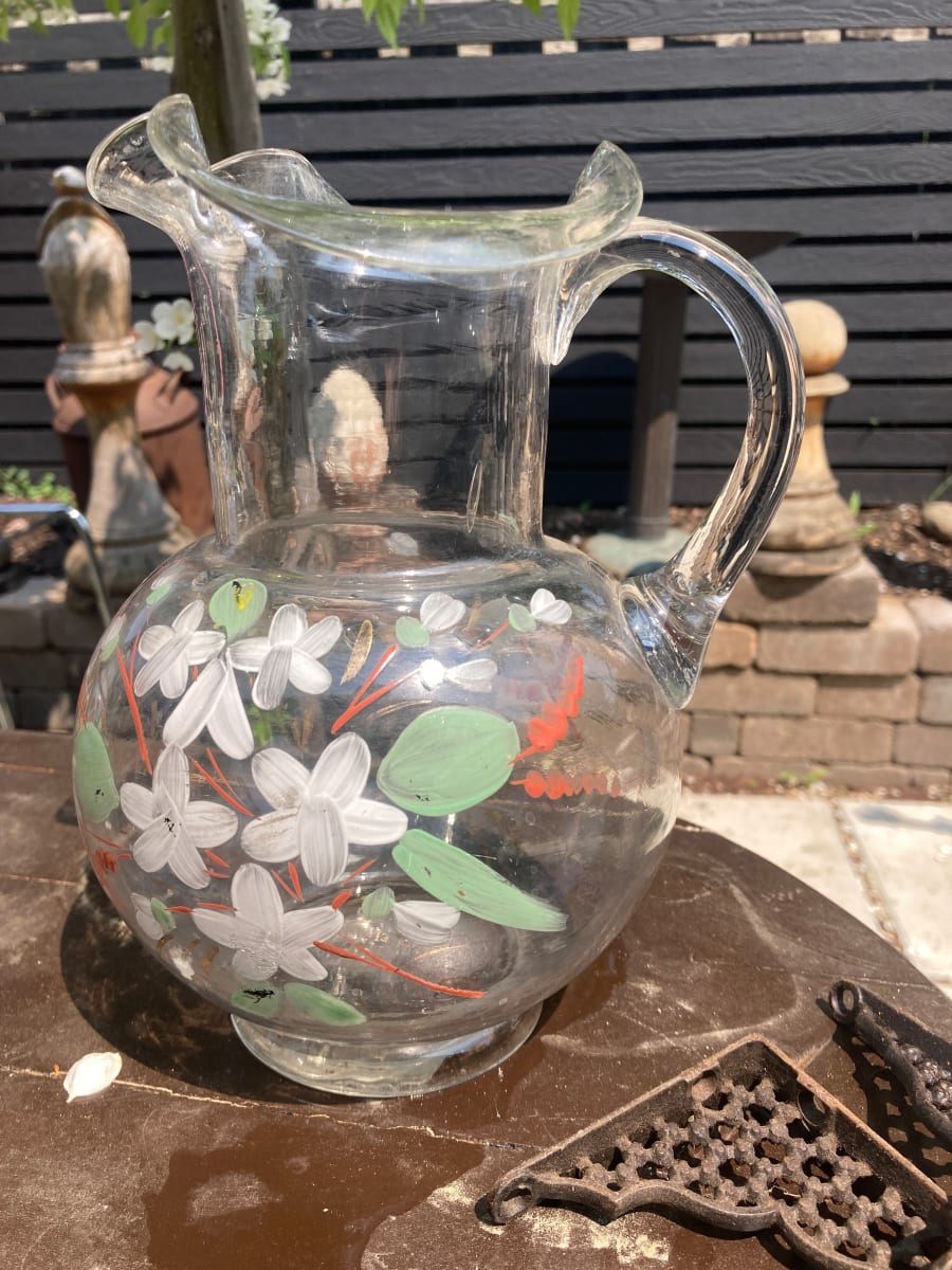Clear Victorian pitcher with hand painted flowers and ruffled edge 
