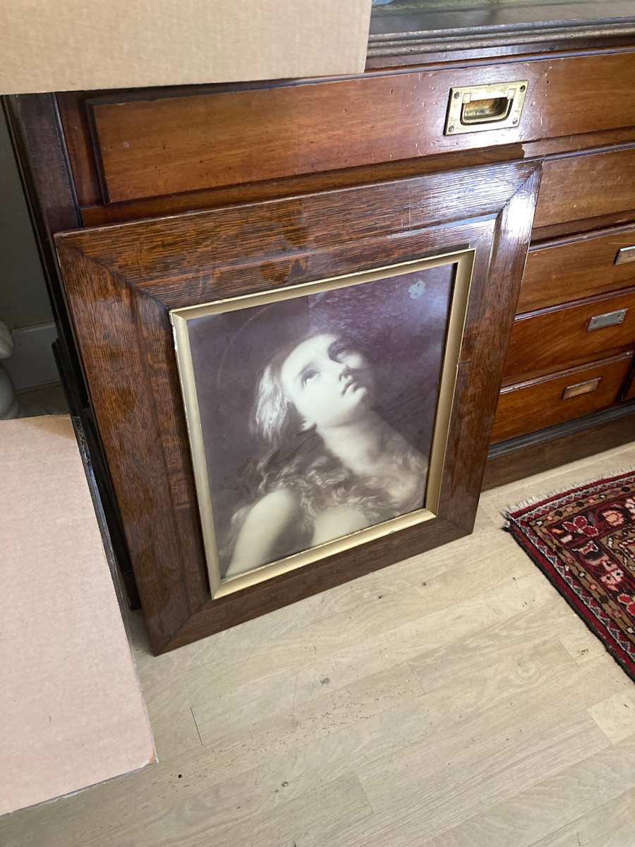 vintage framed lithograph of religious woman 