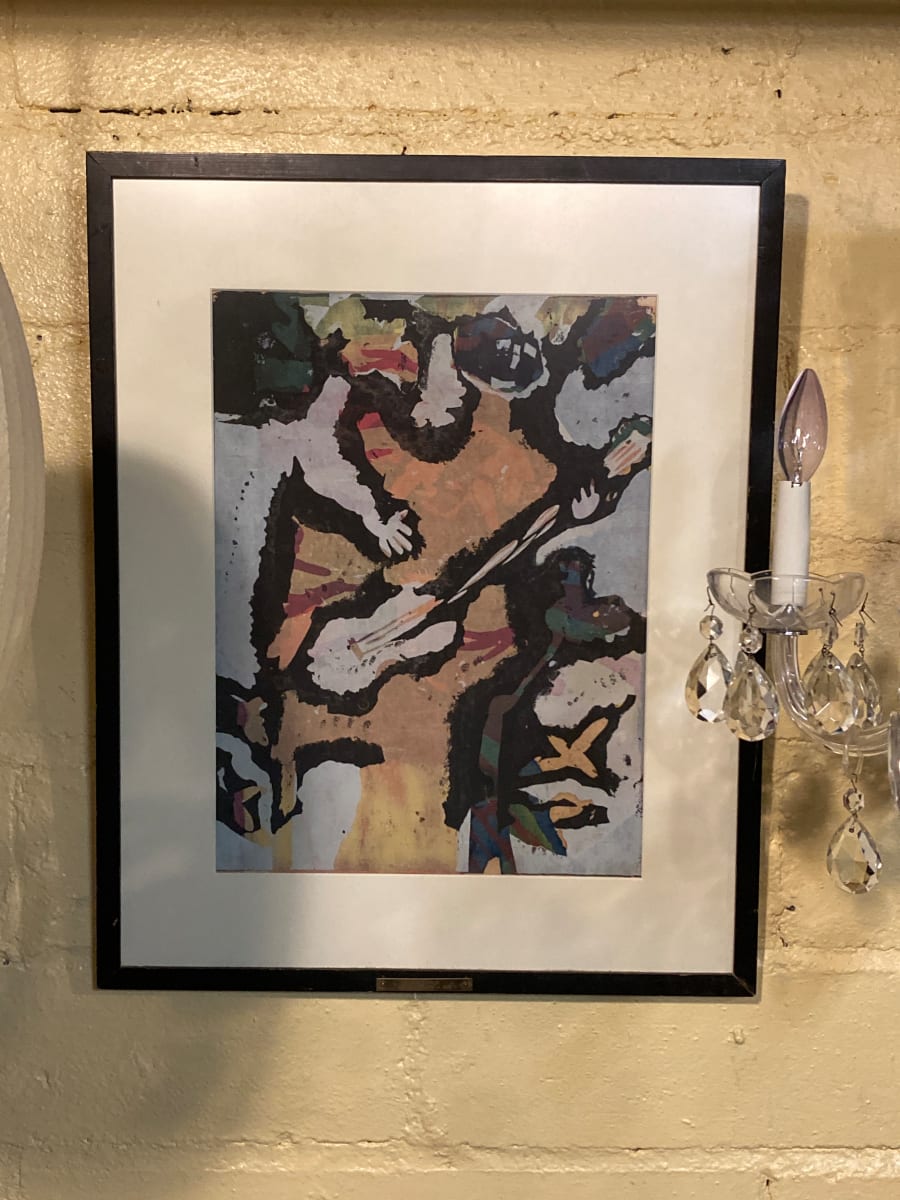 Framed original block print with guitar by Barbara Pfeifer, 1959 