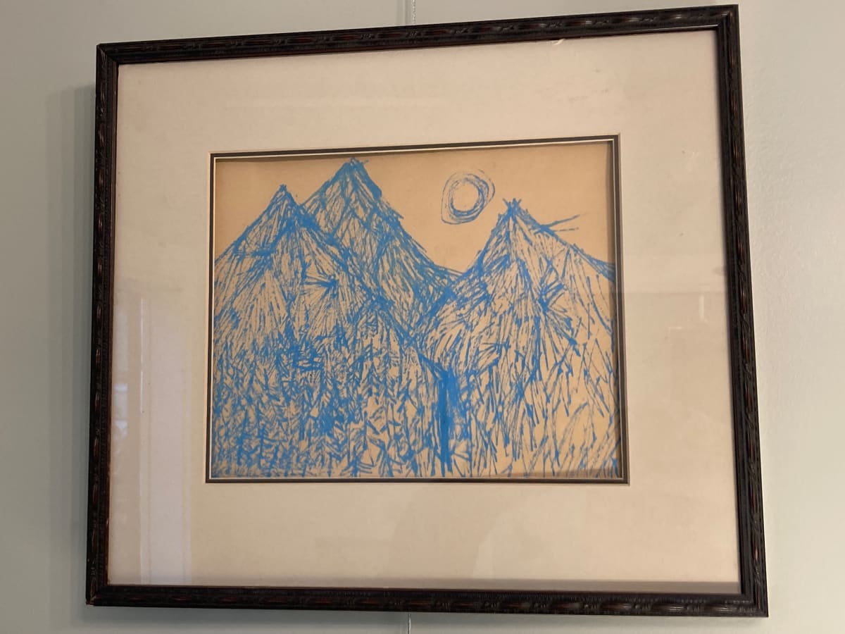 Framed blue ink mountain scene by James Quentin Young 