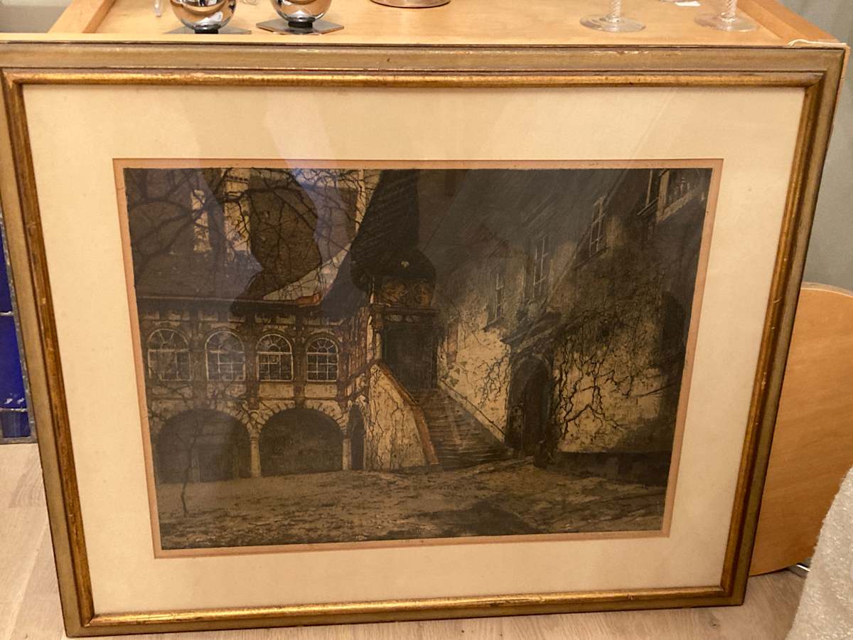 Framed Luigi Kasimir hand colored etching 