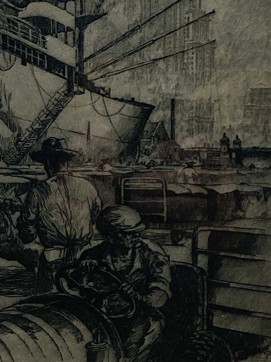 Framed etching of ship yard Chicago  by Kent Hagerman 