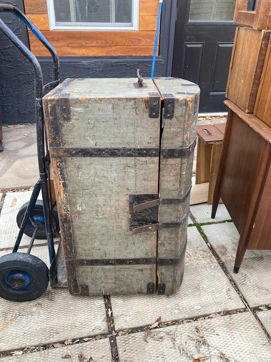 Painted grey immigrant trunk 