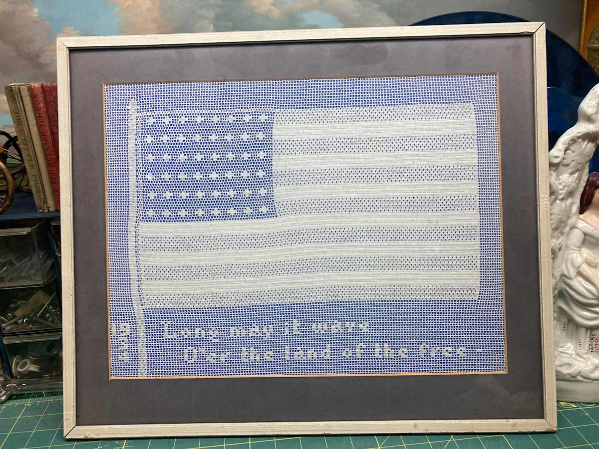 Framed sampler dated 1934 US Flag, Image 3.