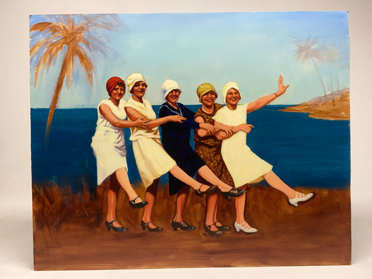 Painting  on board of 5 dancing women by Polly Podolsky 