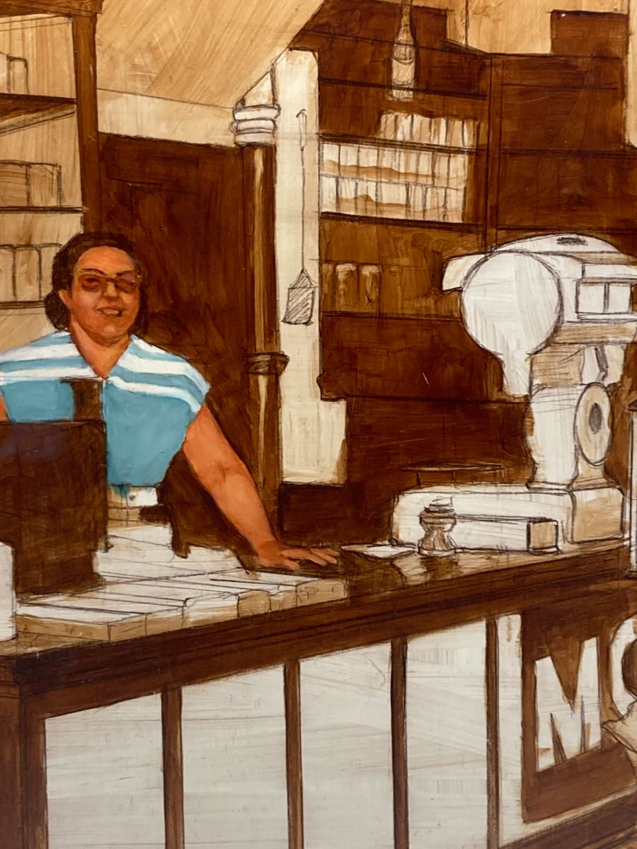 original painting study of lady behind counter 