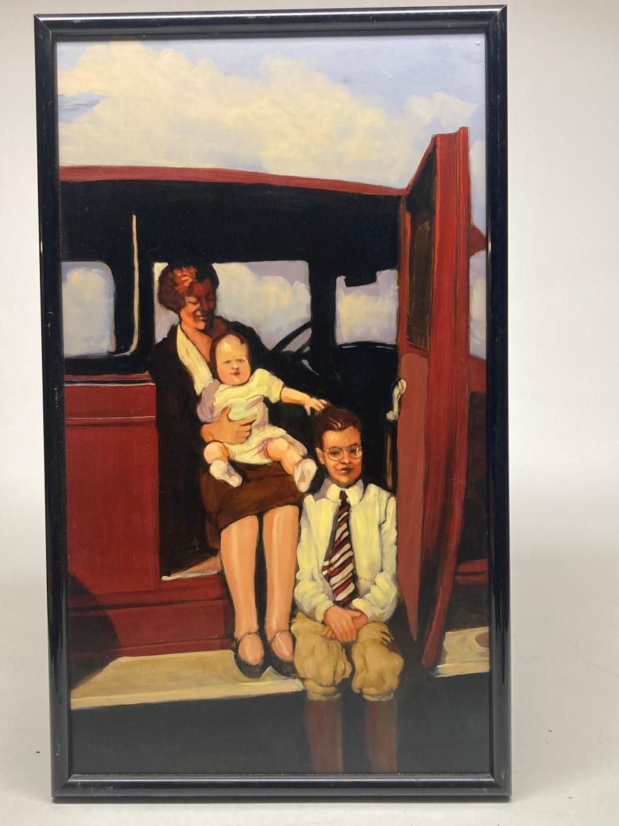 Framed original painting on board of family of three by Polly Podolosky 