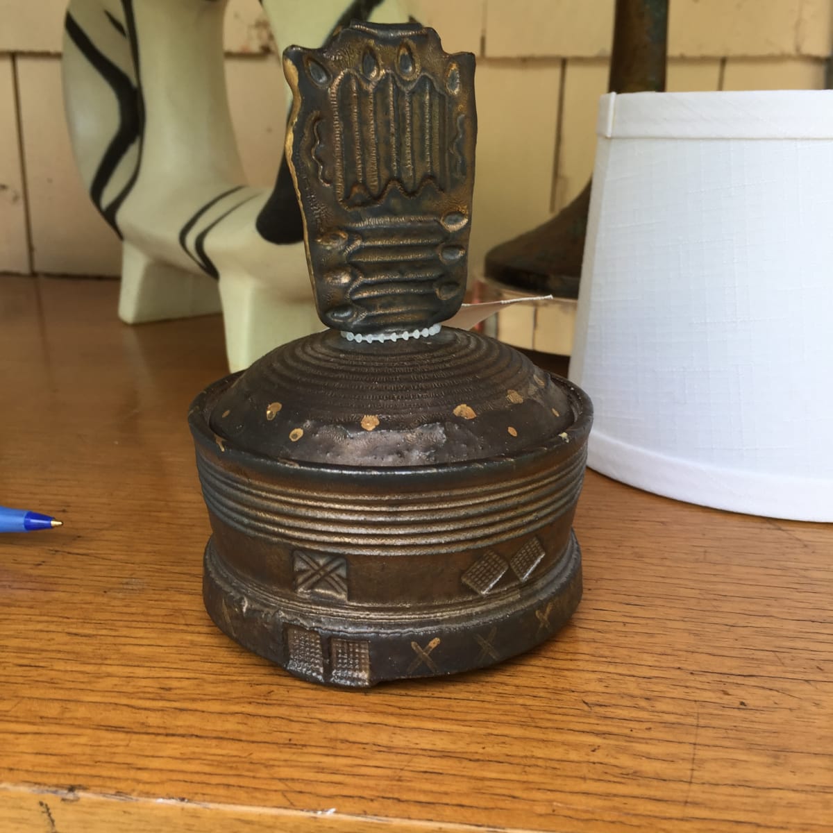 small covered hand made art pottery vase 