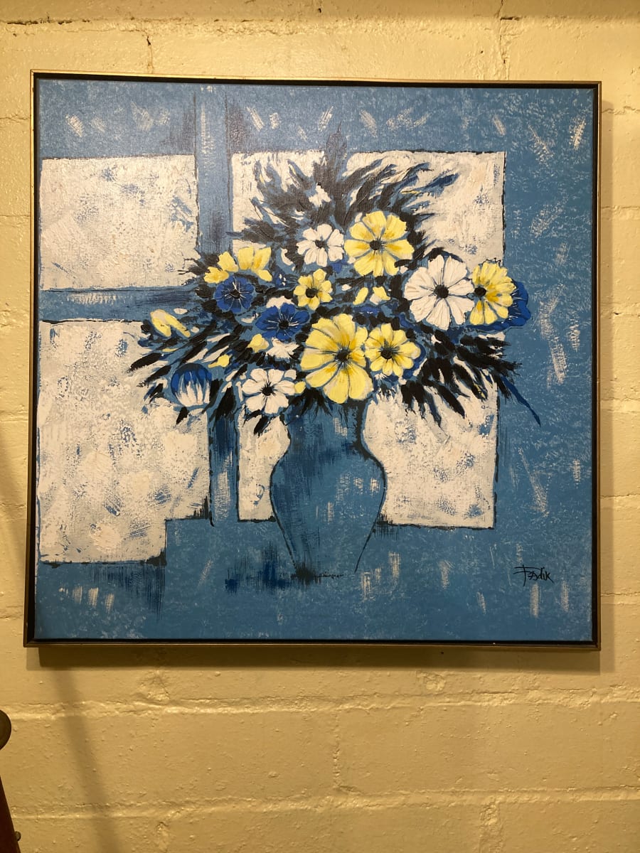 Framed painting of blue and yellow flowers 