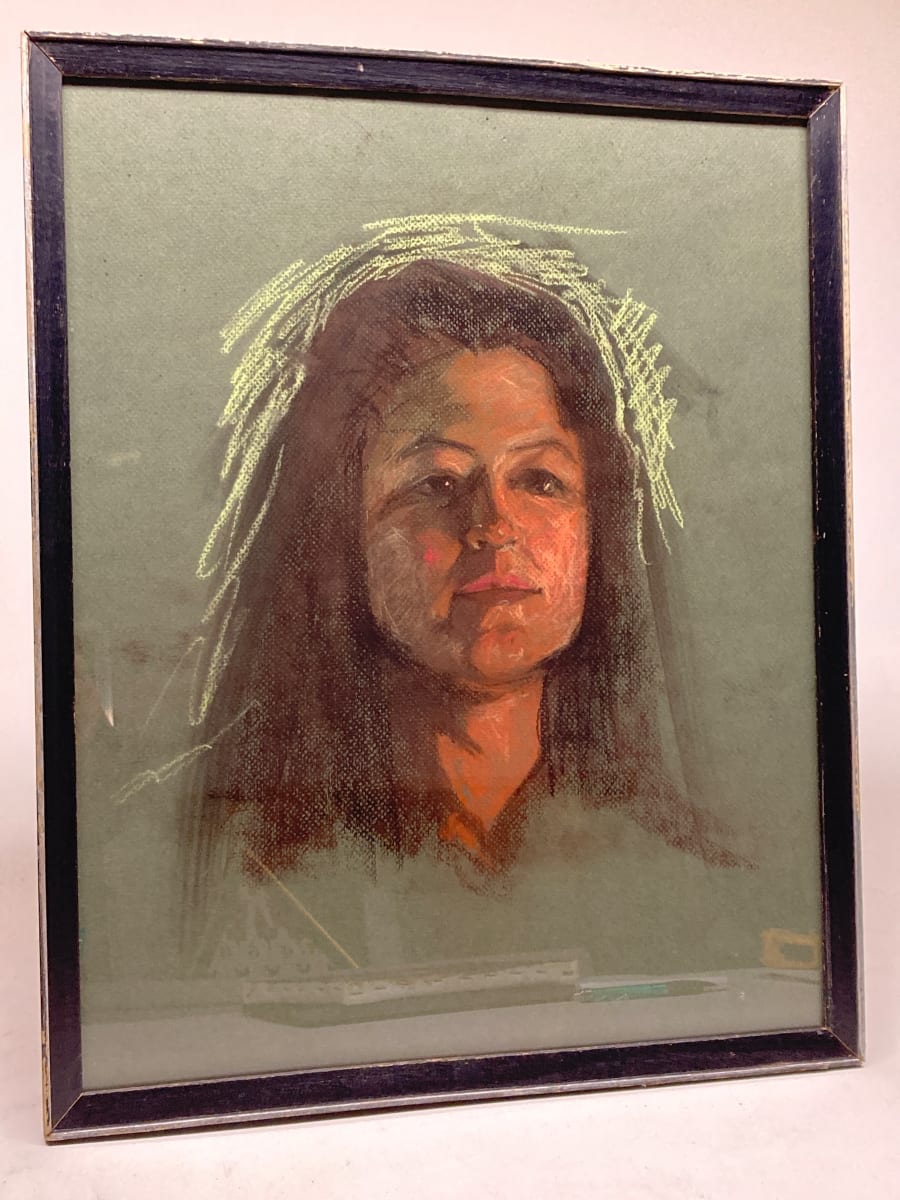 Framed original pastel on green paper of young girl 