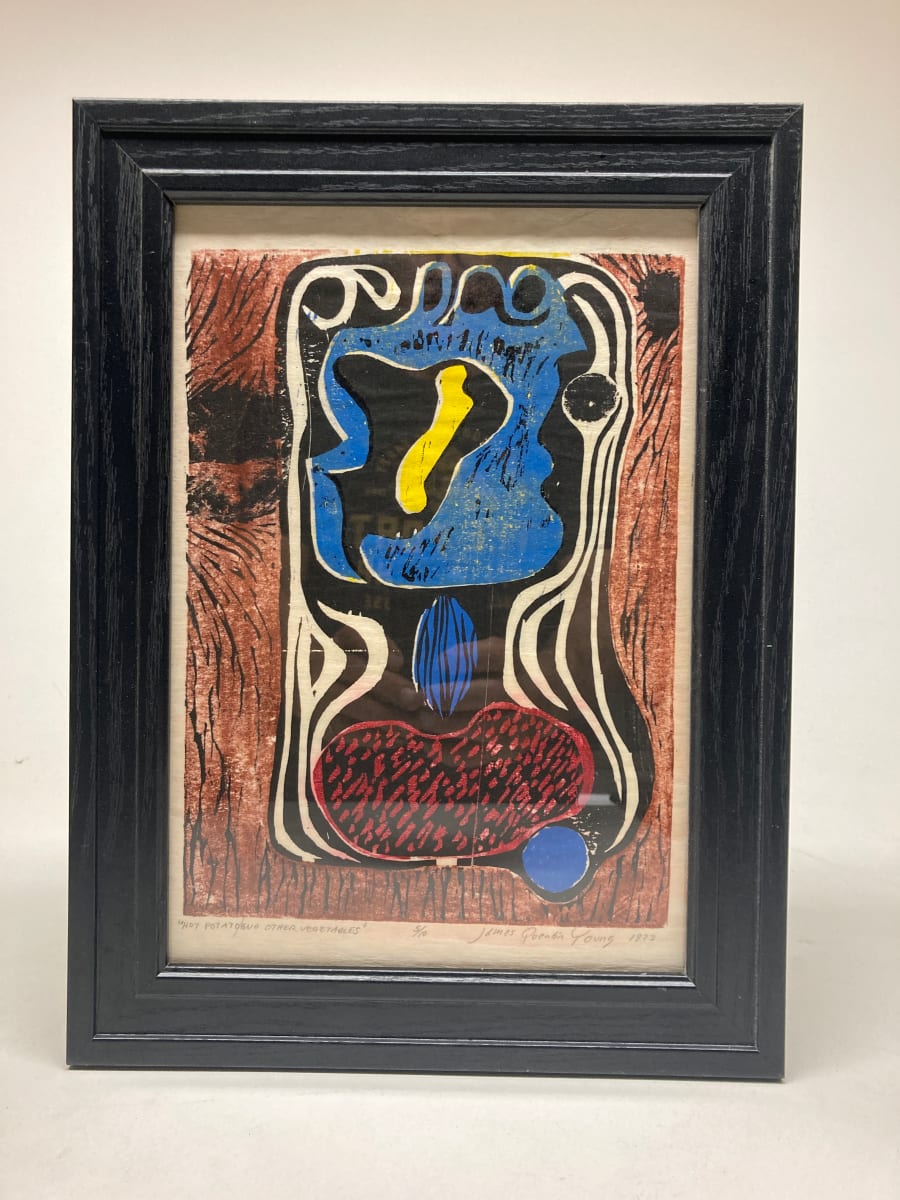 Framed James Quentin Young hand colored woodblock "Hot Potato" 