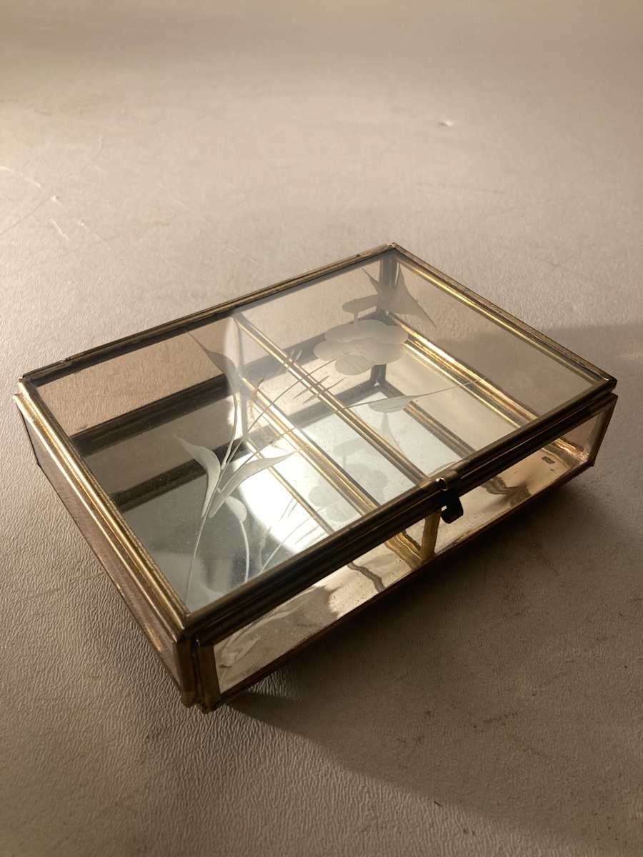 metal trimmed glass jewelry box 