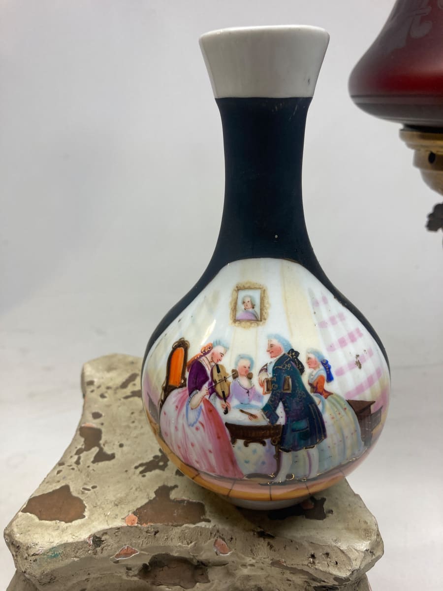 Hand painted 19th century vase with cobalt and musician figures 