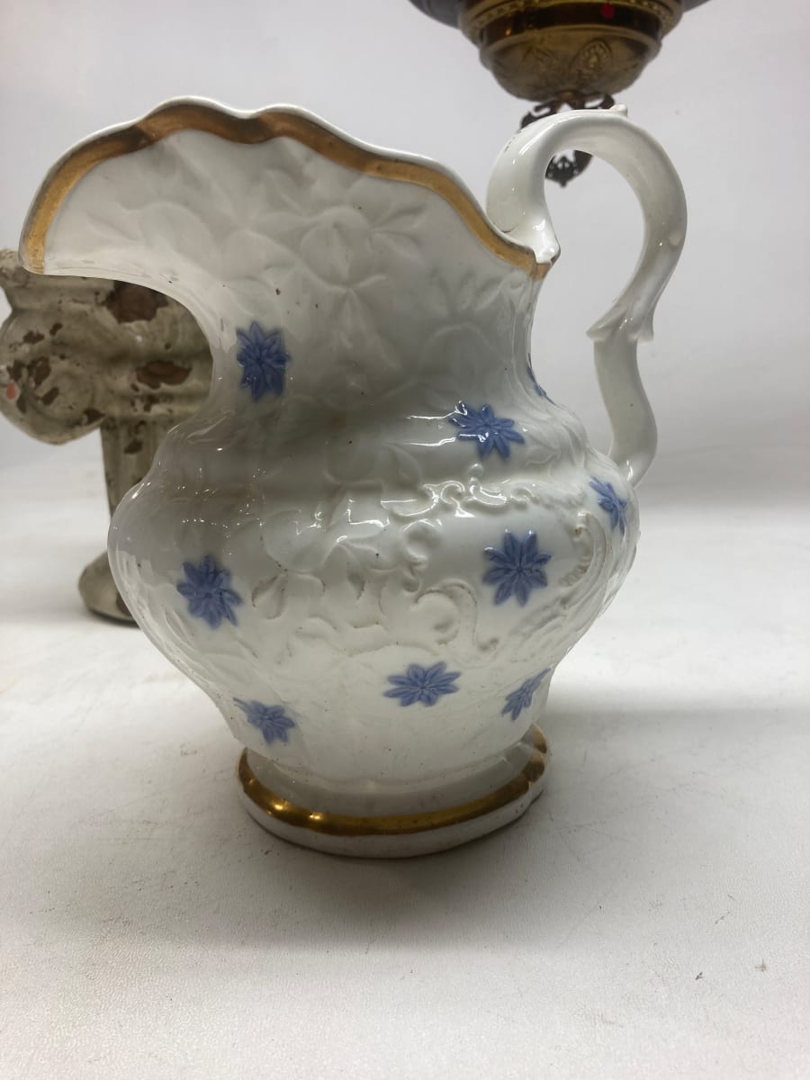 hand painted porcelain pitcher with blue decorations, Image 2.