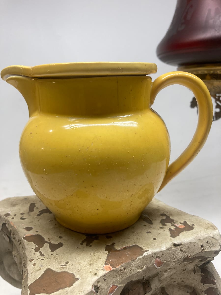 yellow pottery water pitcher with lid, Image 2.