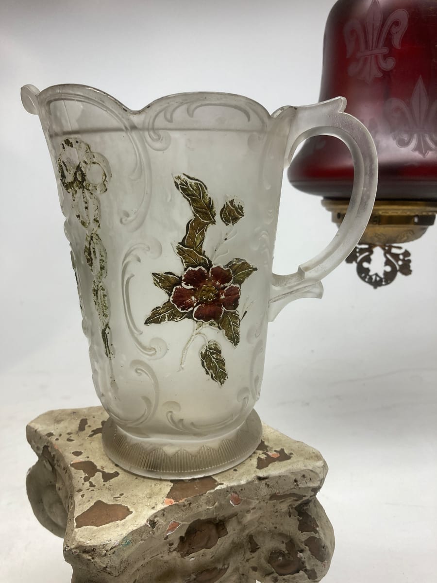 frosted glass water pitcher with decoration 