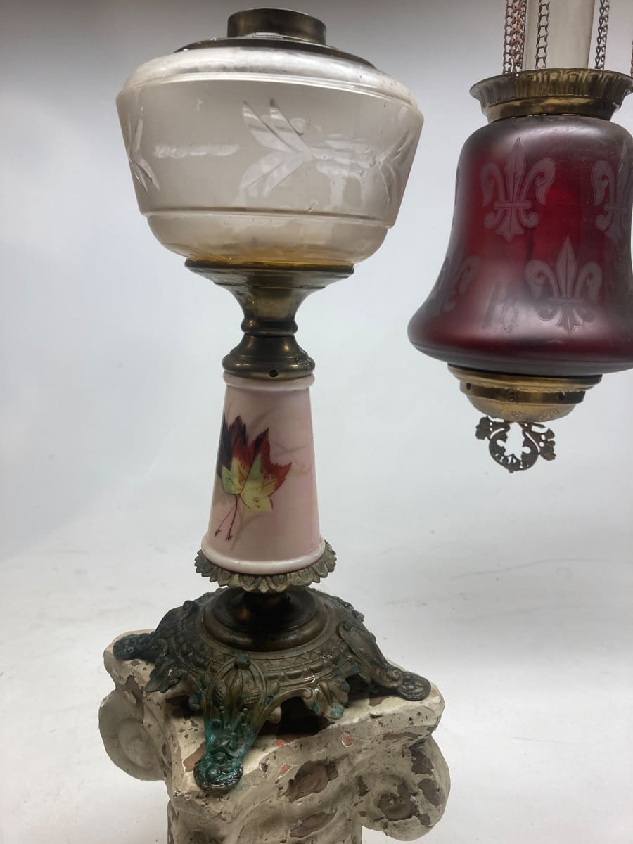 Victorian Kerosene lamp with scene, Image 2.