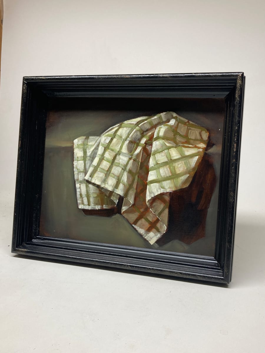 Original framed oil painting of green and white cloth still life 