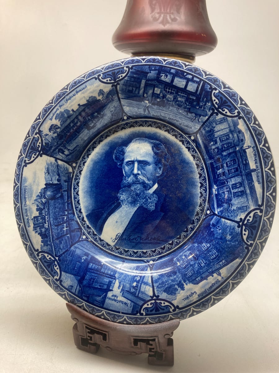 flow blue pottery plate with Charles Dickens 