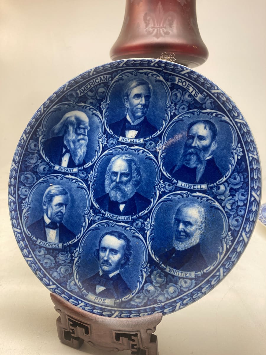 flow blue pottery plate with poets, Image 2.