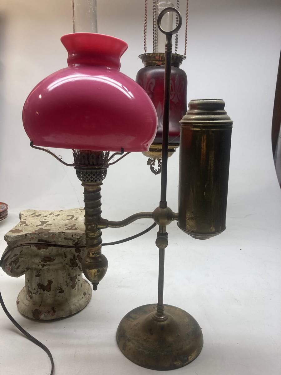 Brass desk lamp with pink cased glass shade 