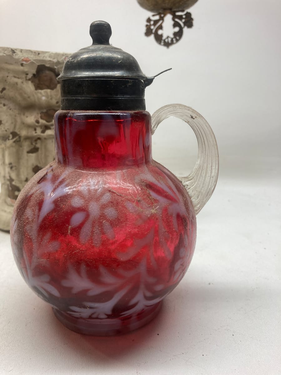 Cranberry art glass creamer with pewter lid 