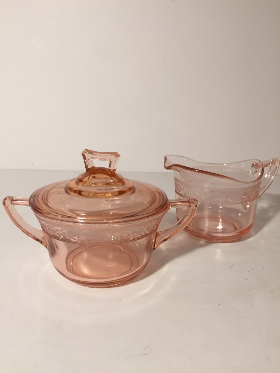 vintage cambridge  pink depression glass creamer and sugar 