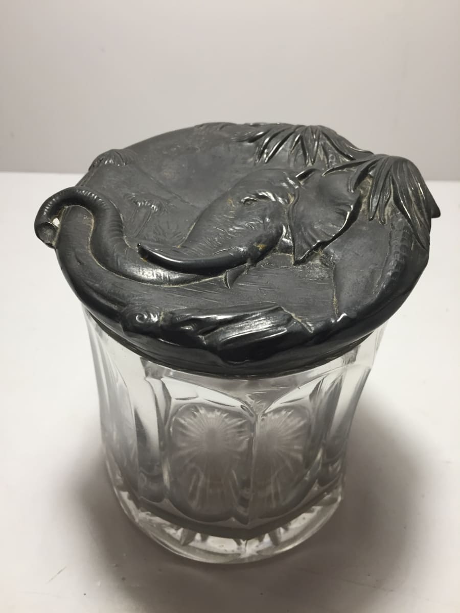 turn of the century glass humidor with elephant motif pewter lid 