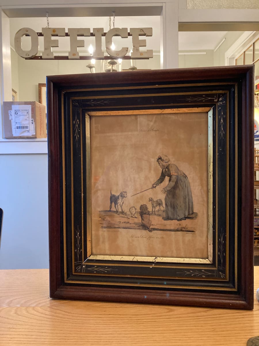 Framed 19th century colored engraving of training dogs 