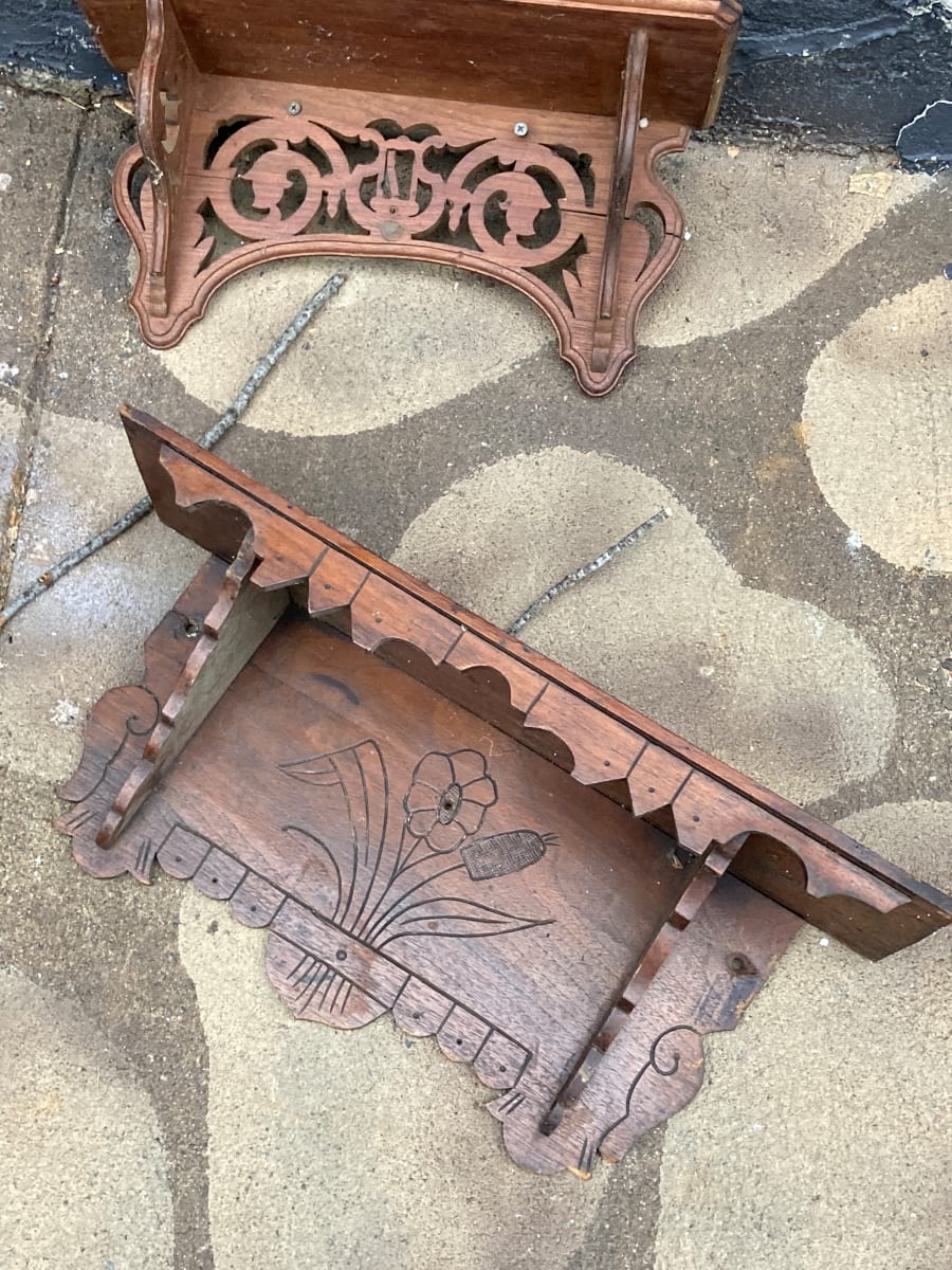 Turn of the century walnut carved wall shelf 