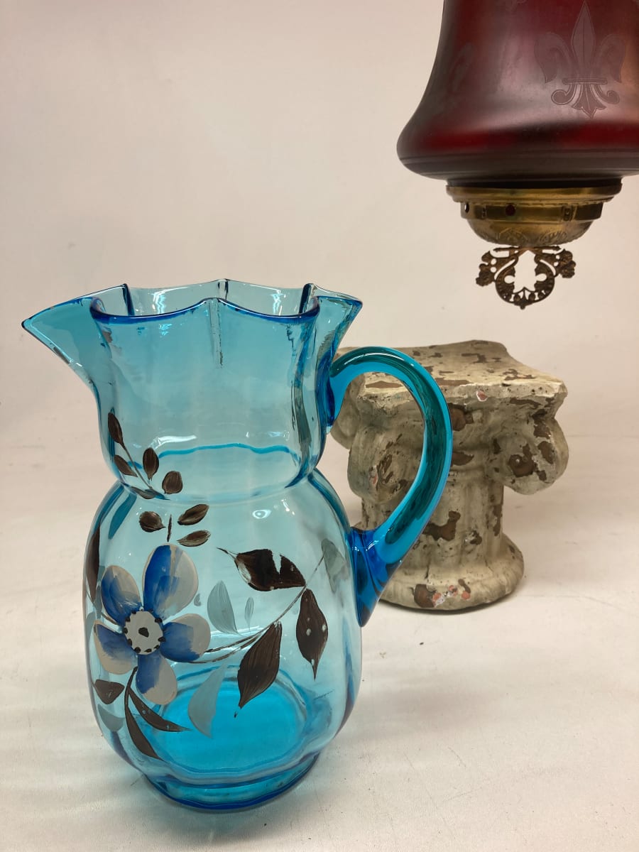 Blue Victorian hand painted glass pitcher 