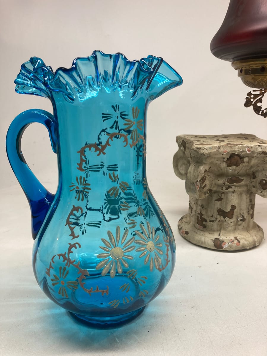 Blue Victorian hand painted glass pitcher 