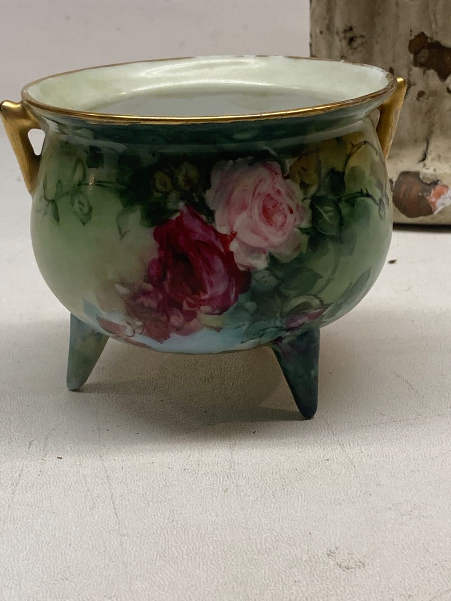 turn of the century hand painted three legged  small vase with flowers 