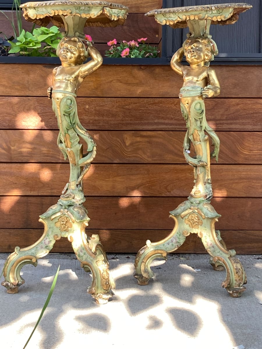 Pair of hand painted Venetian carved cherub stands 