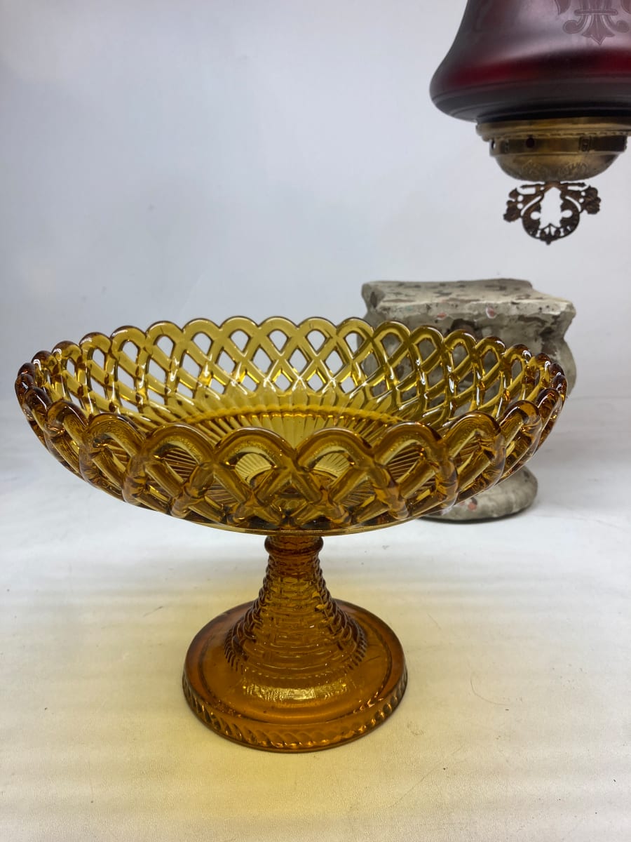 Amber pierced large glass compote 