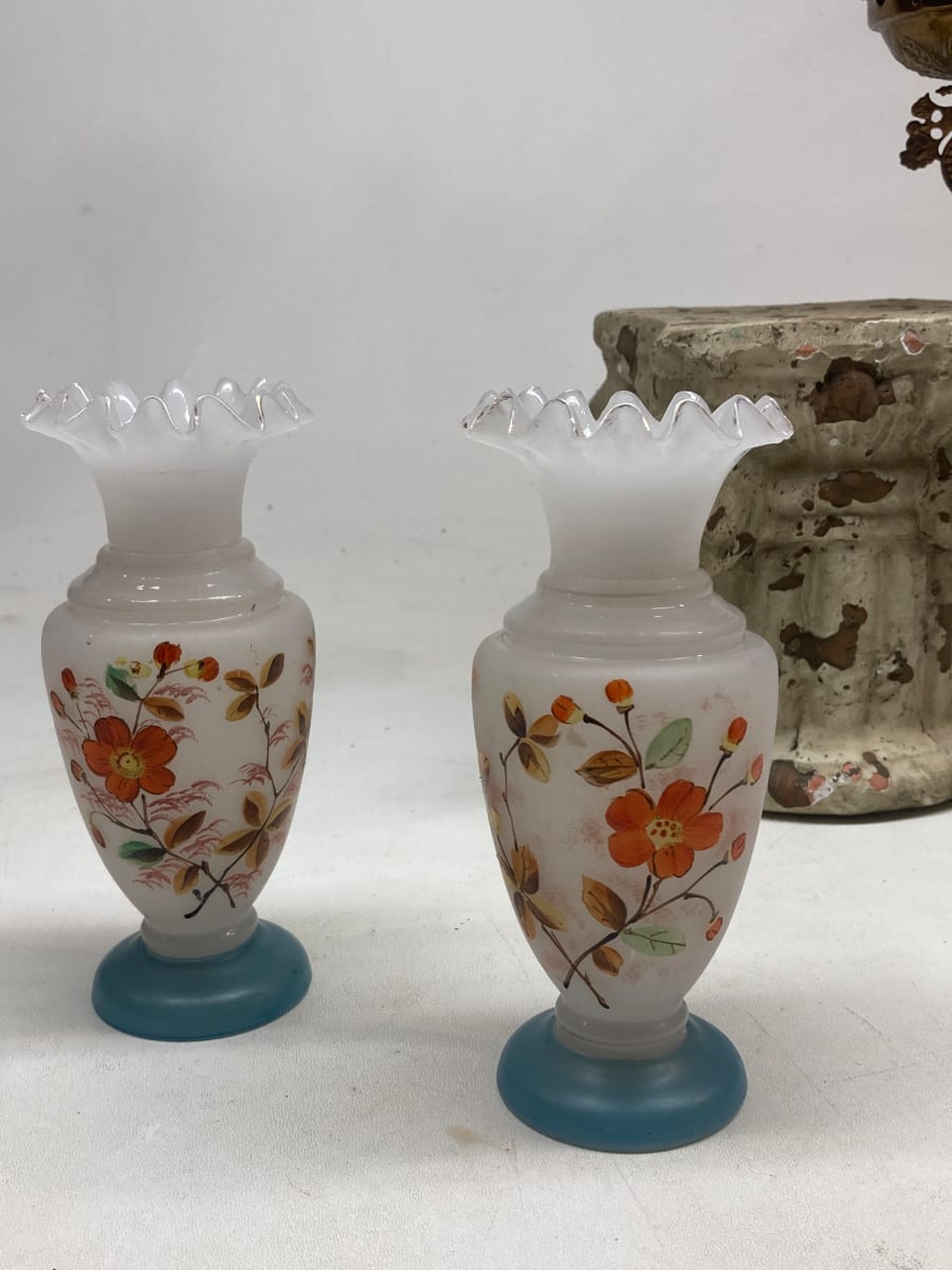 Pair of small Victorian hand painted Bristol glass vases 