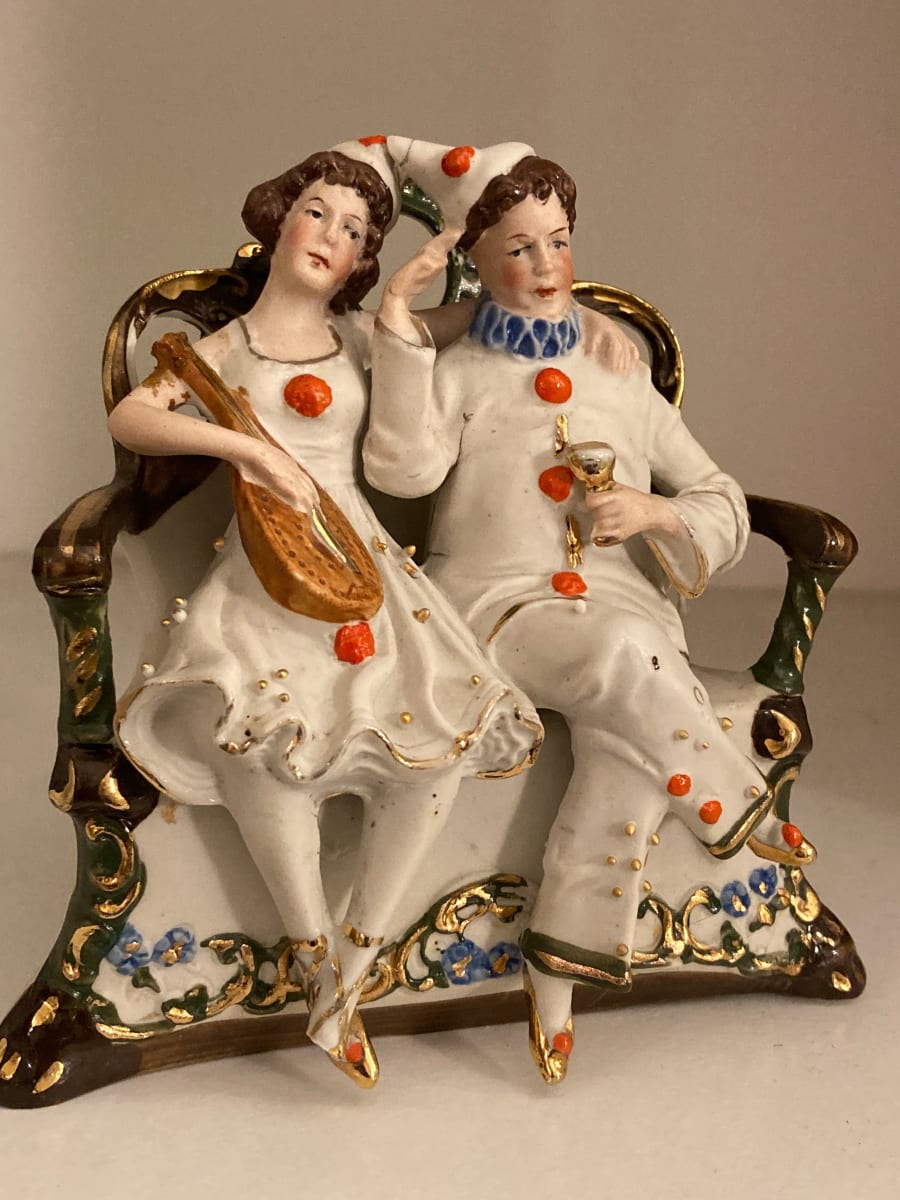 hand painted porcelain jester pair seated, Image 2.