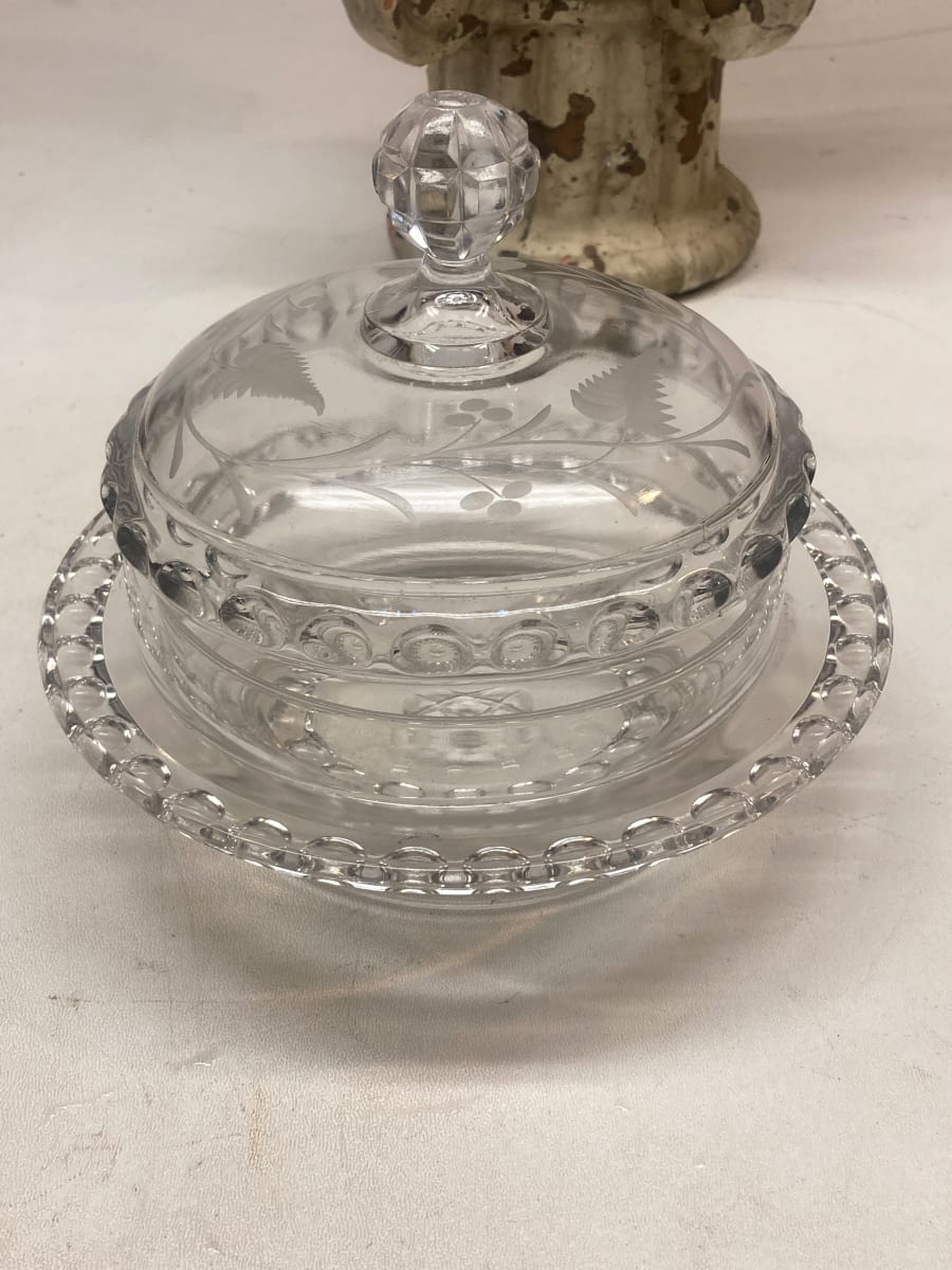 Early clear glass etched covered dish 
