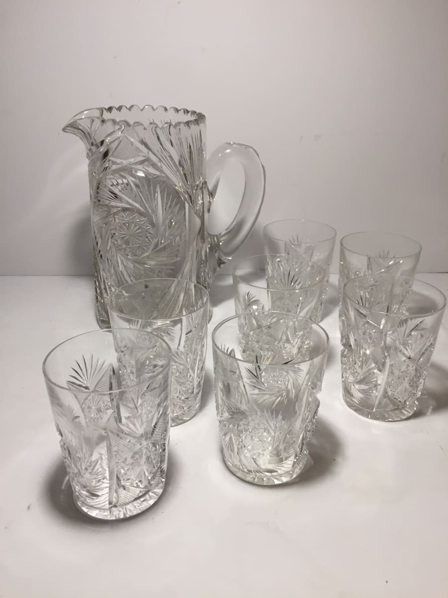 Brilliant EAPG cut glass pitcher and tumblers 