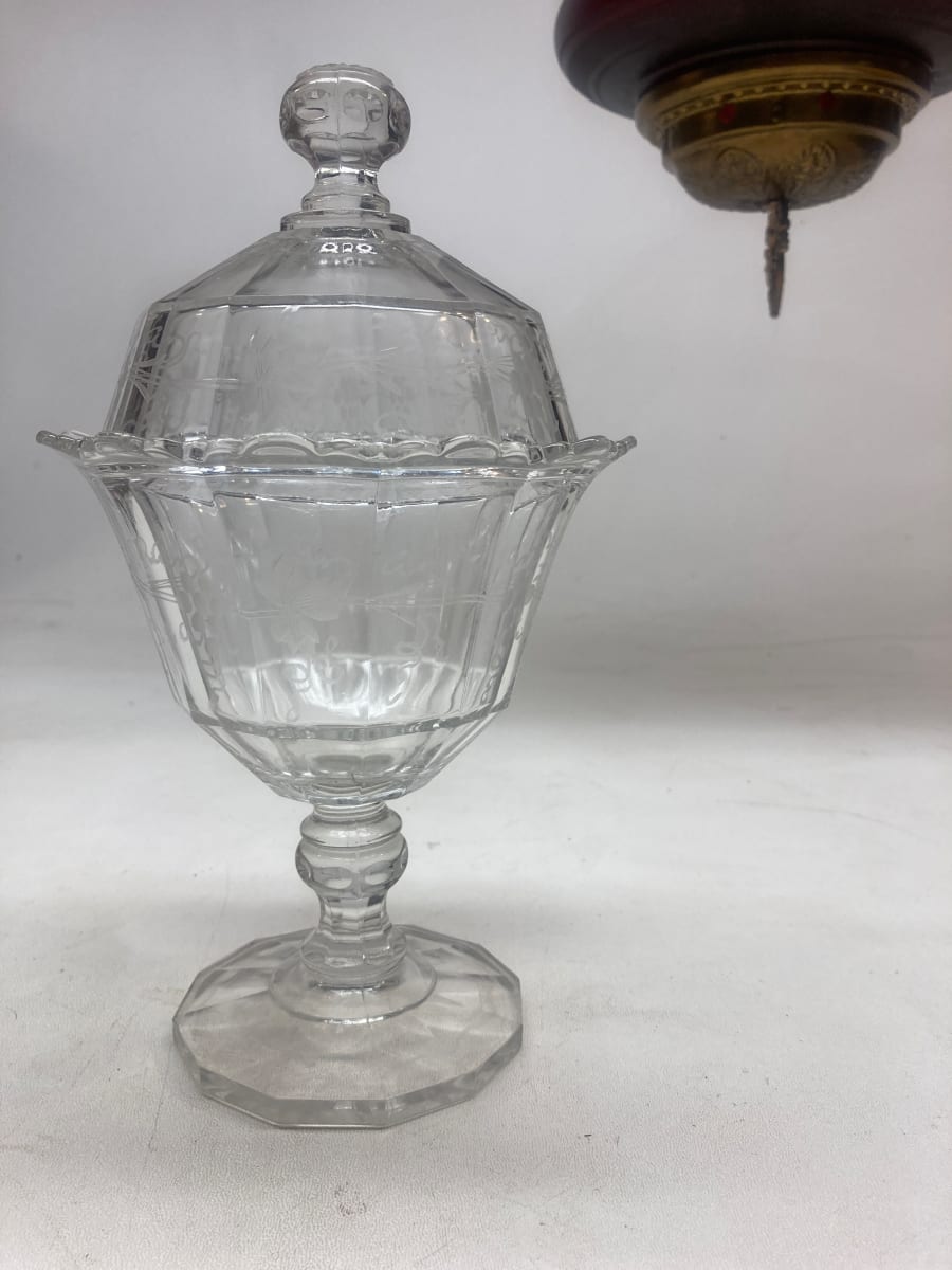 EAPG clear glass covered etched compote 