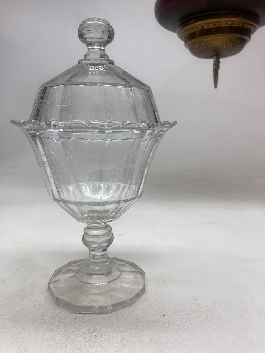 EAPG clear glass covered etched compote, Image 2.