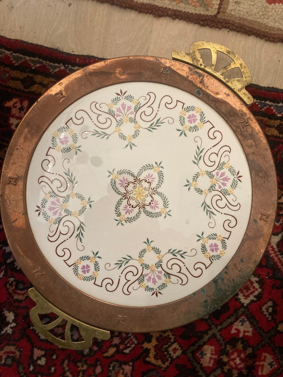 Arts n Crafts porcelain serving platter with copper and brass 