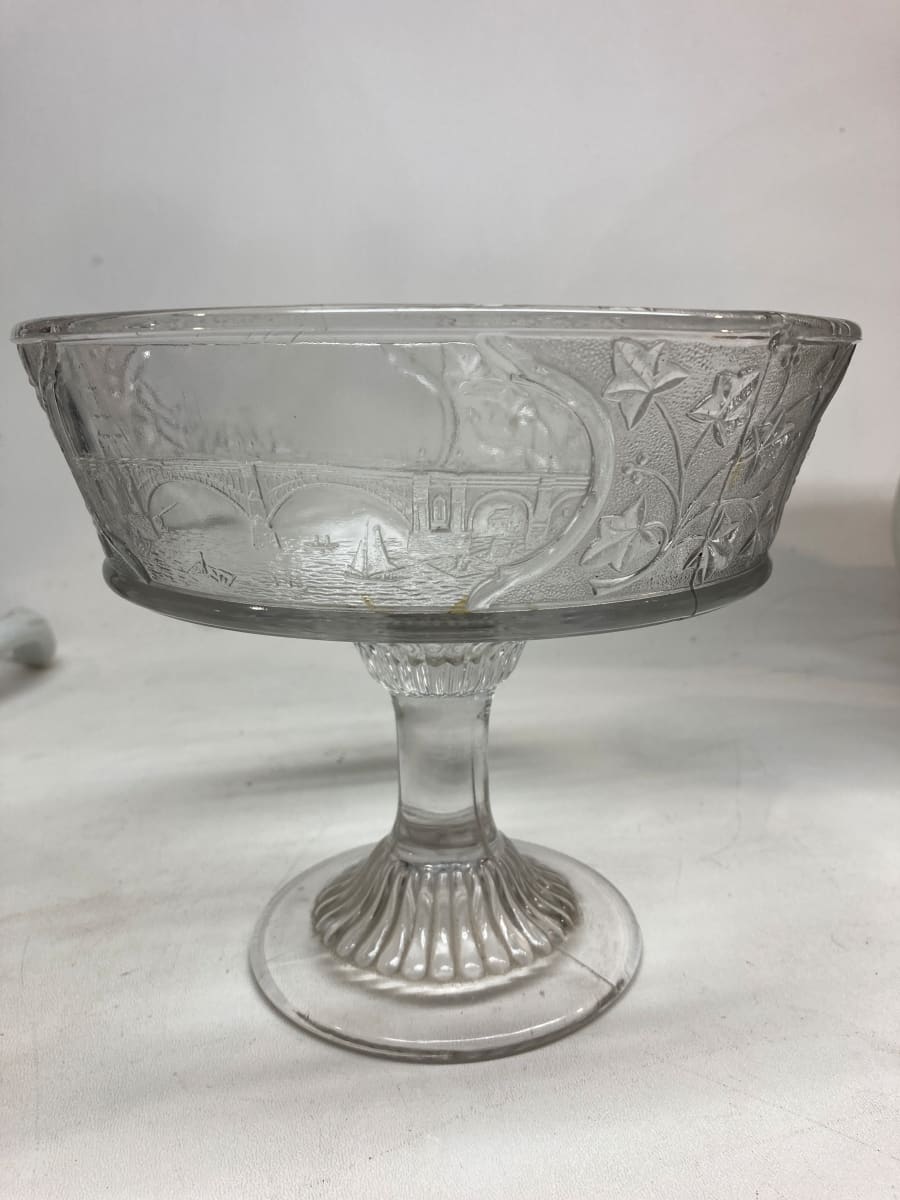 pressed glass compote with etched scene 