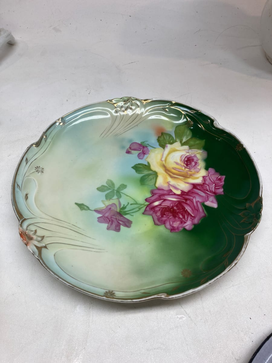 hand decorated green Victorian plate with roses 